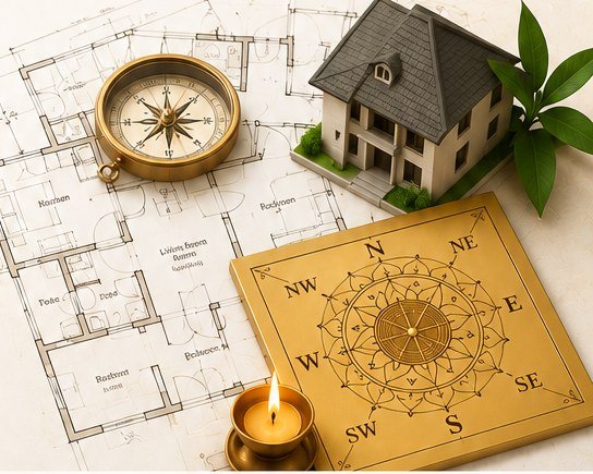 Compass, house blueprint, model home and vastu yantra