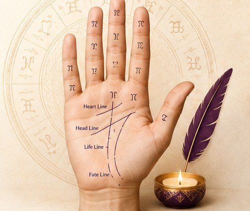 Palm with heart, head, life and fate lines marked, beside a quill and diya