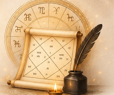 Vedic astrology zodiac wheel with birth chart scroll, quill and diya